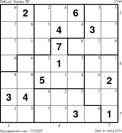 The grouppuzzles.com Difficult Sudoku-7B puzzle for Wednesday July 2, 2025 with all 8 steps marked