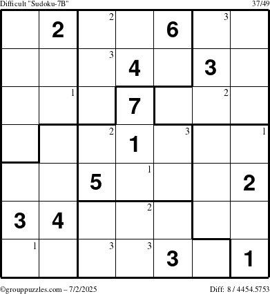 The grouppuzzles.com Difficult Sudoku-7B puzzle for Wednesday July 2, 2025 with the first 3 steps marked