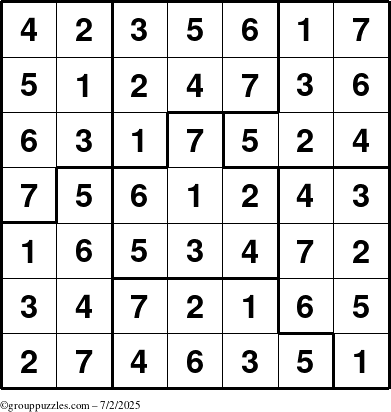 The grouppuzzles.com Answer grid for the Sudoku-7B puzzle for Wednesday July 2, 2025