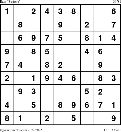 The grouppuzzles.com Easy Sudoku puzzle for Wednesday July 2, 2025