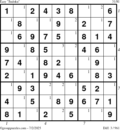 The grouppuzzles.com Easy Sudoku puzzle for Wednesday July 2, 2025, suitable for printing, with all 3 steps marked