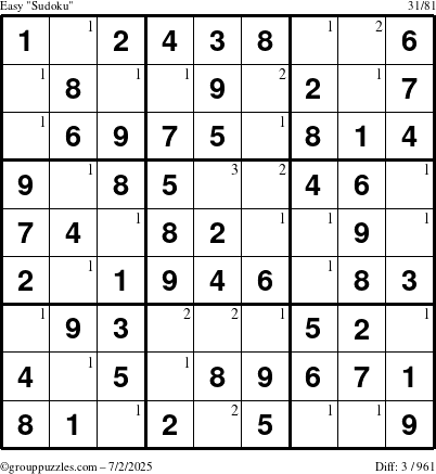 The grouppuzzles.com Easy Sudoku puzzle for Wednesday July 2, 2025 with the first 3 steps marked