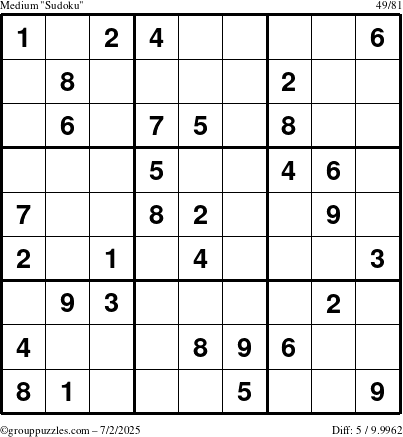 The grouppuzzles.com Medium Sudoku puzzle for Wednesday July 2, 2025