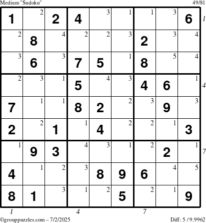 The grouppuzzles.com Medium Sudoku puzzle for Wednesday July 2, 2025 with all 5 steps marked