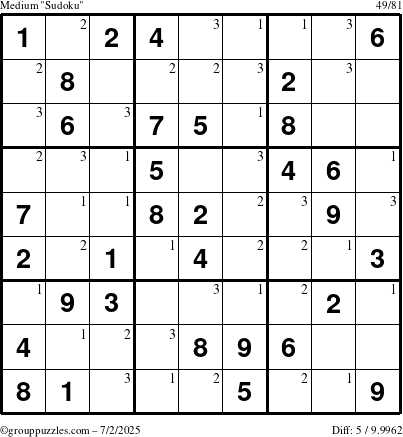 The grouppuzzles.com Medium Sudoku puzzle for Wednesday July 2, 2025 with the first 3 steps marked