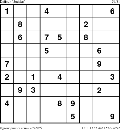 The grouppuzzles.com Difficult Sudoku puzzle for Wednesday July 2, 2025