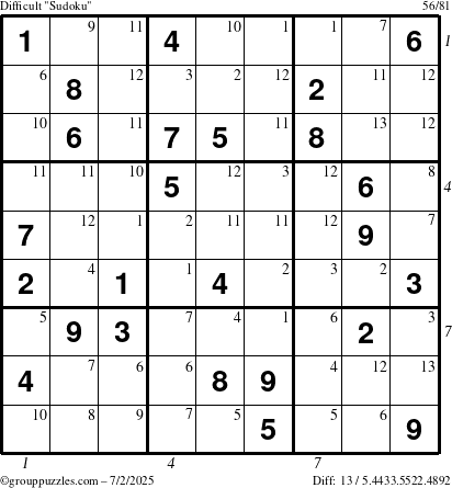 The grouppuzzles.com Difficult Sudoku puzzle for Wednesday July 2, 2025 with all 13 steps marked