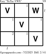 The grouppuzzles.com Easy TicTac-VWX puzzle for Wednesday July 2, 2025 with all 2 steps marked