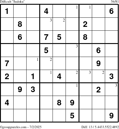 The grouppuzzles.com Difficult Sudoku puzzle for Wednesday July 2, 2025 with the first 3 steps marked