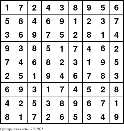 The grouppuzzles.com Answer grid for the Sudoku puzzle for Wednesday July 2, 2025