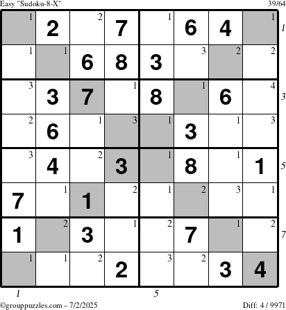 The grouppuzzles.com Easy Sudoku-8-X puzzle for Wednesday July 2, 2025, suitable for printing, with all 4 steps marked