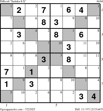 The grouppuzzles.com Difficult Sudoku-8-X puzzle for Wednesday July 2, 2025 with all 11 steps marked
