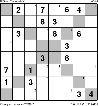 The grouppuzzles.com Difficult Sudoku-8-X puzzle for Wednesday July 2, 2025 with the first 3 steps marked