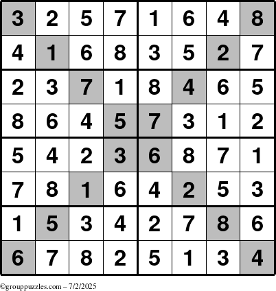 The grouppuzzles.com Answer grid for the Sudoku-8-X puzzle for Wednesday July 2, 2025