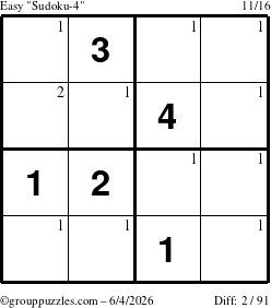 The grouppuzzles.com Easy Sudoku-4 puzzle for Thursday June 4, 2026 with the first 2 steps marked