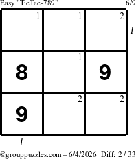 The grouppuzzles.com Easy TicTac-789 puzzle for Thursday June 4, 2026 with all 2 steps marked