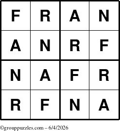 The grouppuzzles.com Answer grid for the Fran puzzle for Thursday June 4, 2026