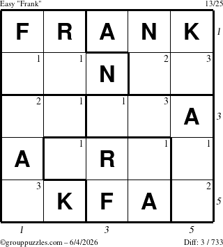 The grouppuzzles.com Easy Frank puzzle for Thursday June 4, 2026, suitable for printing, with all 3 steps marked