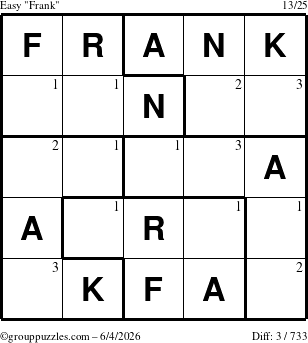 The grouppuzzles.com Easy Frank puzzle for Thursday June 4, 2026 with the first 3 steps marked