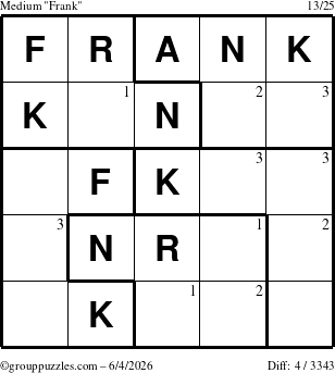 The grouppuzzles.com Medium Frank puzzle for Thursday June 4, 2026 with the first 3 steps marked