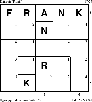 The grouppuzzles.com Difficult Frank puzzle for Thursday June 4, 2026 with all 5 steps marked
