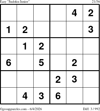 The grouppuzzles.com Easy Sudoku-Junior puzzle for Thursday June 4, 2026