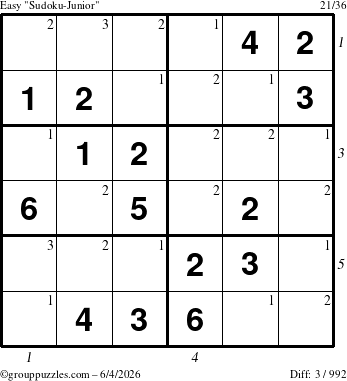 The grouppuzzles.com Easy Sudoku-Junior puzzle for Thursday June 4, 2026 with all 3 steps marked