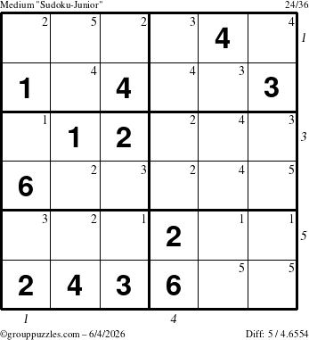 The grouppuzzles.com Medium Sudoku-Junior puzzle for Thursday June 4, 2026, suitable for printing, with all 5 steps marked
