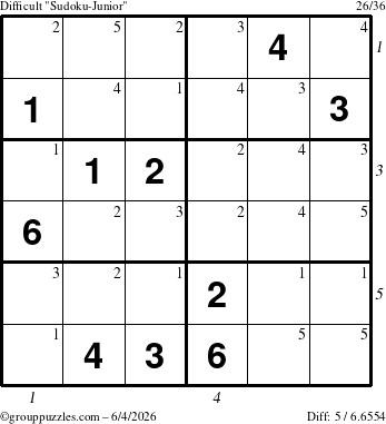 The grouppuzzles.com Difficult Sudoku-Junior puzzle for Thursday June 4, 2026, suitable for printing, with all 5 steps marked
