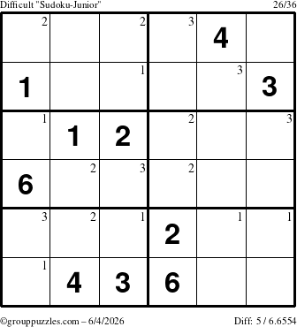The grouppuzzles.com Difficult Sudoku-Junior puzzle for Thursday June 4, 2026 with the first 3 steps marked