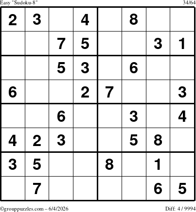 The grouppuzzles.com Easy Sudoku-8 puzzle for Thursday June 4, 2026