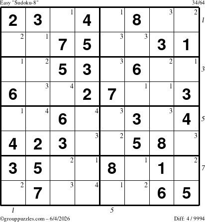 The grouppuzzles.com Easy Sudoku-8 puzzle for Thursday June 4, 2026, suitable for printing, with all 4 steps marked