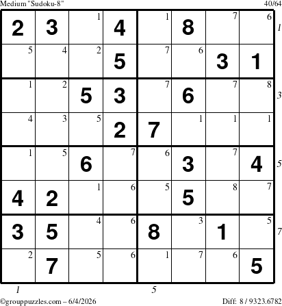 The grouppuzzles.com Medium Sudoku-8 puzzle for Thursday June 4, 2026 with all 8 steps marked