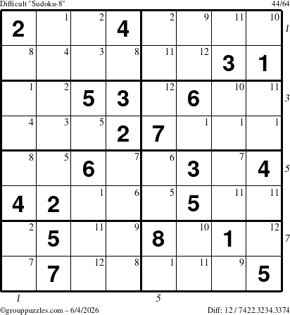 The grouppuzzles.com Difficult Sudoku-8 puzzle for Thursday June 4, 2026 with all 12 steps marked
