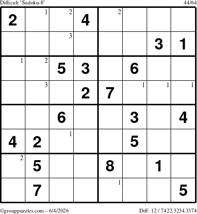 The grouppuzzles.com Difficult Sudoku-8 puzzle for Thursday June 4, 2026 with the first 3 steps marked