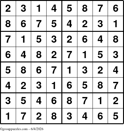 The grouppuzzles.com Answer grid for the Sudoku-8 puzzle for Thursday June 4, 2026