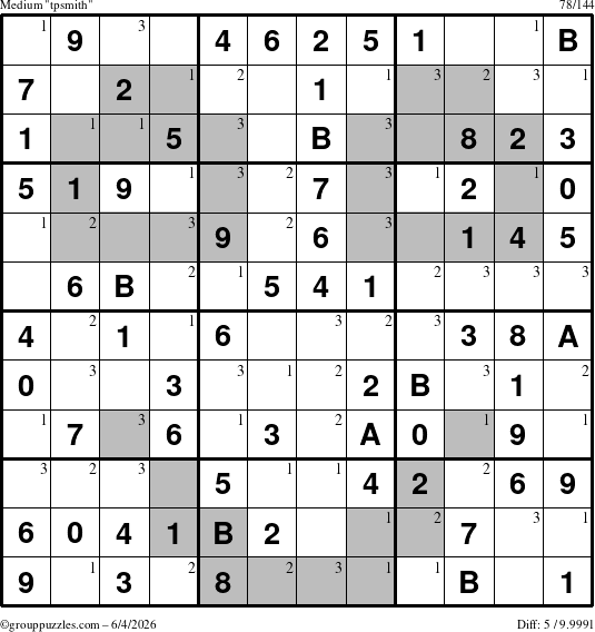 The grouppuzzles.com Medium tpsmith puzzle for Thursday June 4, 2026 with the first 3 steps marked