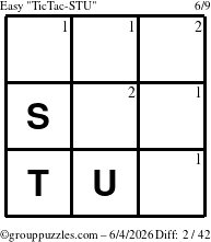 The grouppuzzles.com Easy TicTac-STU puzzle for Thursday June 4, 2026 with the first 2 steps marked