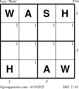 The grouppuzzles.com Easy Wash puzzle for Tuesday June 10, 2025 with all 2 steps marked