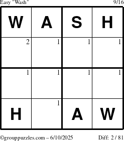 The grouppuzzles.com Easy Wash puzzle for Tuesday June 10, 2025 with the first 2 steps marked