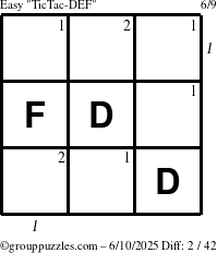 The grouppuzzles.com Easy TicTac-DEF puzzle for Tuesday June 10, 2025 with all 2 steps marked
