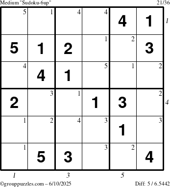 The grouppuzzles.com Medium Sudoku-6up puzzle for Tuesday June 10, 2025 with all 5 steps marked