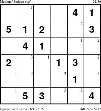 The grouppuzzles.com Medium Sudoku-6up puzzle for Tuesday June 10, 2025 with the first 3 steps marked