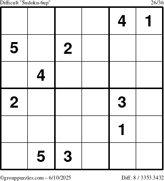 The grouppuzzles.com Difficult Sudoku-6up puzzle for Tuesday June 10, 2025