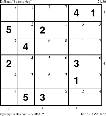 The grouppuzzles.com Difficult Sudoku-6up puzzle for Tuesday June 10, 2025 with all 8 steps marked