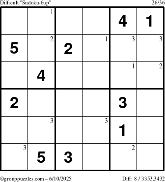 The grouppuzzles.com Difficult Sudoku-6up puzzle for Tuesday June 10, 2025 with the first 3 steps marked