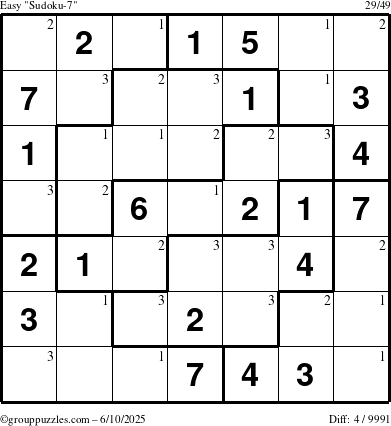 The grouppuzzles.com Easy Sudoku-7 puzzle for Tuesday June 10, 2025 with the first 3 steps marked
