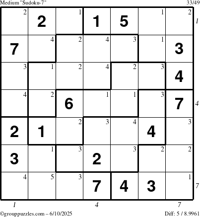 The grouppuzzles.com Medium Sudoku-7 puzzle for Tuesday June 10, 2025 with all 5 steps marked