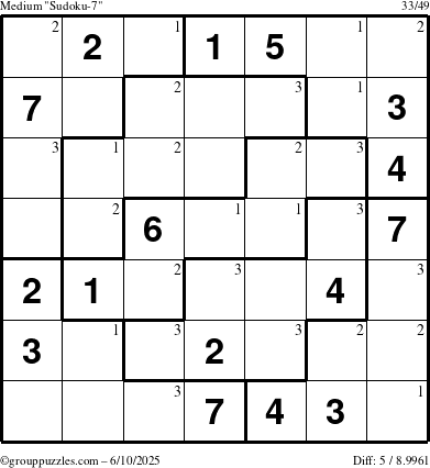 The grouppuzzles.com Medium Sudoku-7 puzzle for Tuesday June 10, 2025 with the first 3 steps marked