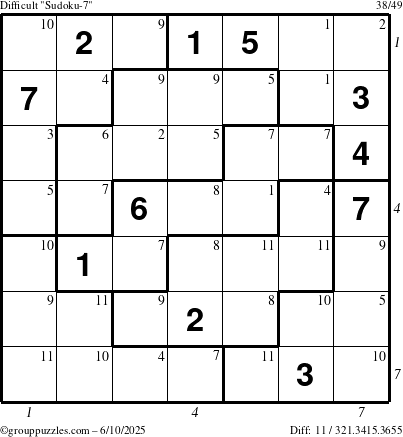 The grouppuzzles.com Difficult Sudoku-7 puzzle for Tuesday June 10, 2025 with all 11 steps marked